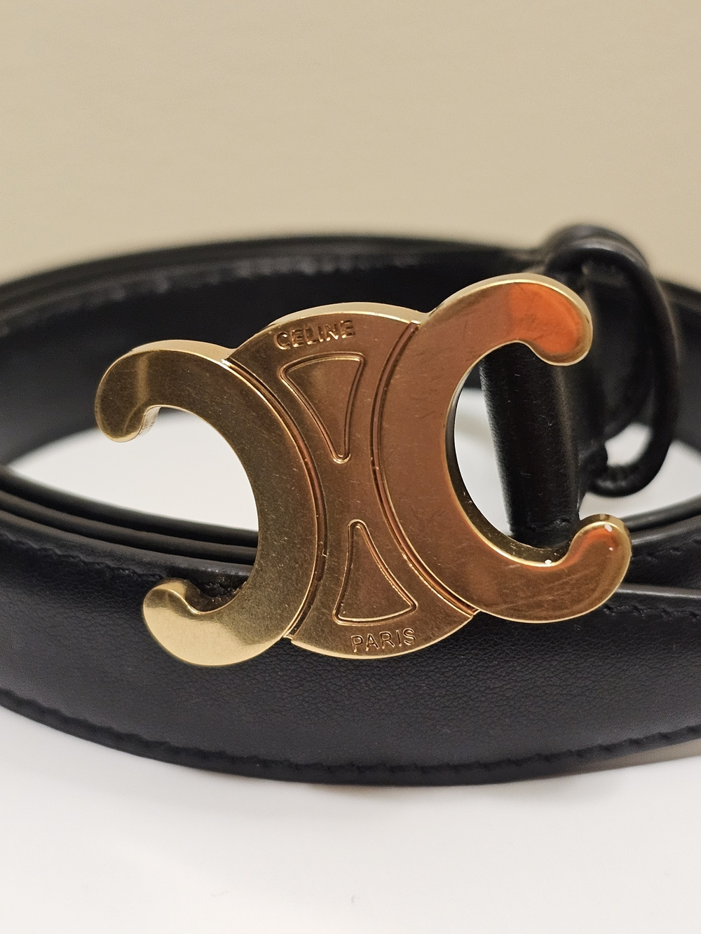 Celine Black Leather Triomphe Belt with Gold Buckle. The Width Is Less Than 2"
